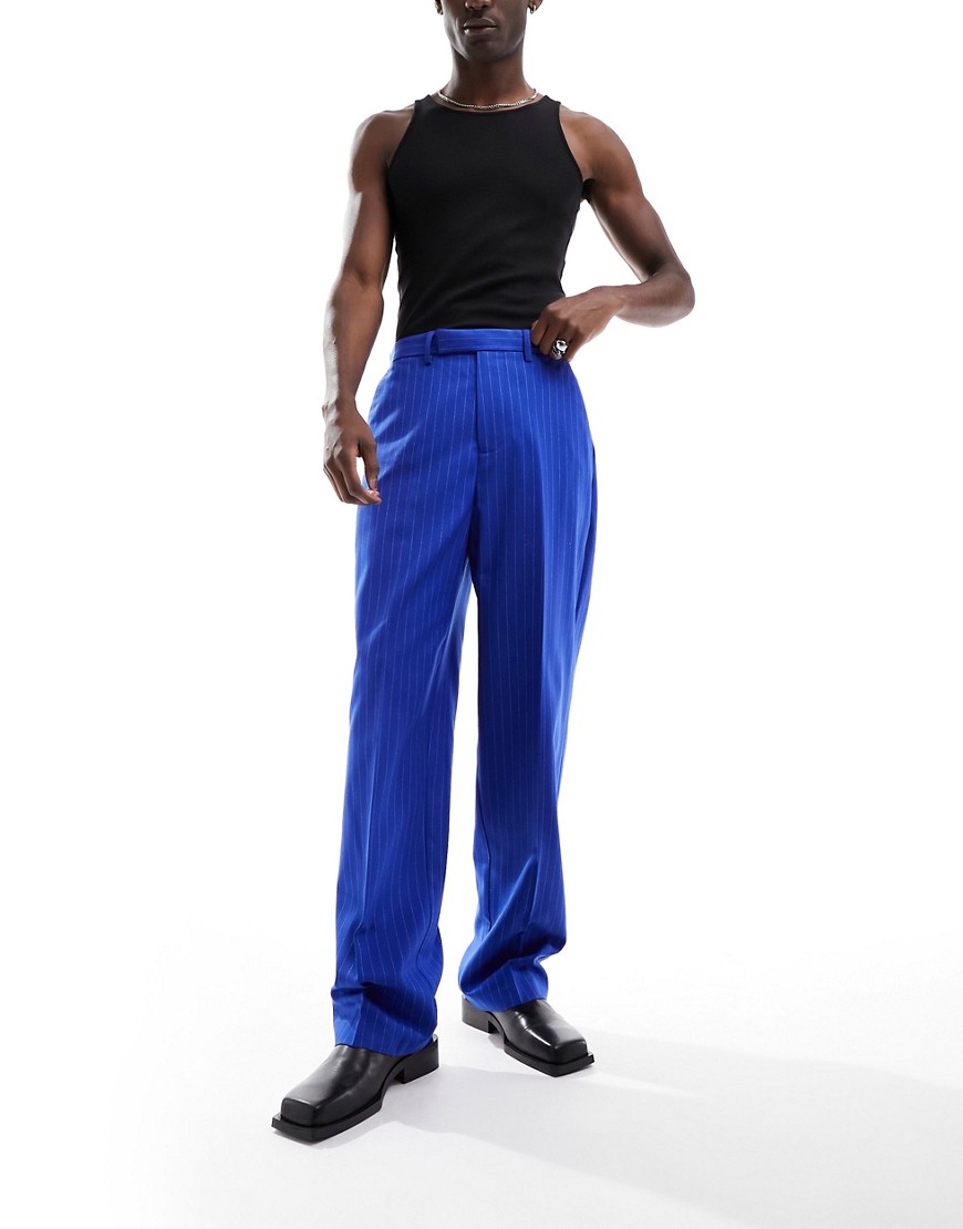 ASOS DESIGN smart wide leg trousers in cobalt blue pinstripe