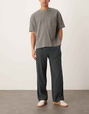 asos ASOS DESIGN smart wide leg trousers in dark blue with elasticated waist and side stripes