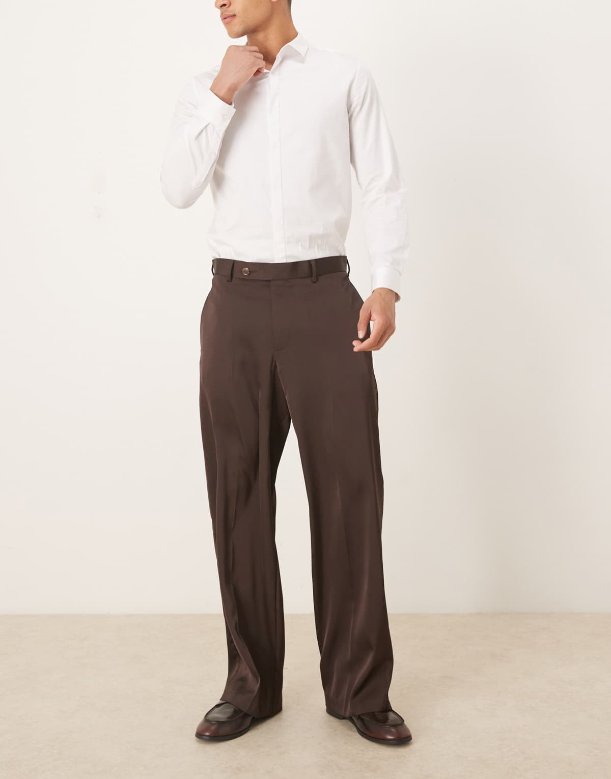 ASOS DESIGN smart wide leg trousers in dark brown satin with elasticated waist