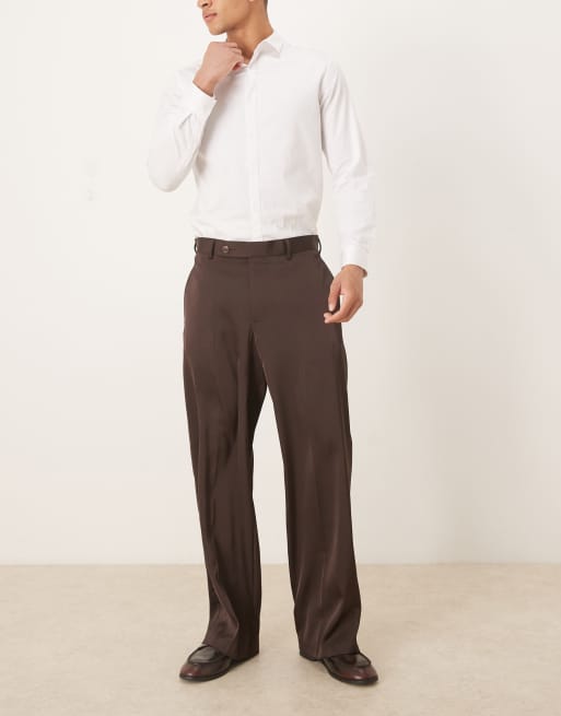 ASOS DESIGN smart wide leg trousers in dark brown satin with elasticated waist