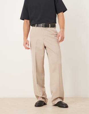 asos ASOS DESIGN smart wide leg trousers in stone