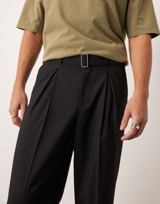 ASOS DESIGN smart wide leg trousers with belt detail in black | ASOS