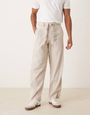 ASOS DESIGN smart wide leg trousers with belt in stone linen-Neutral