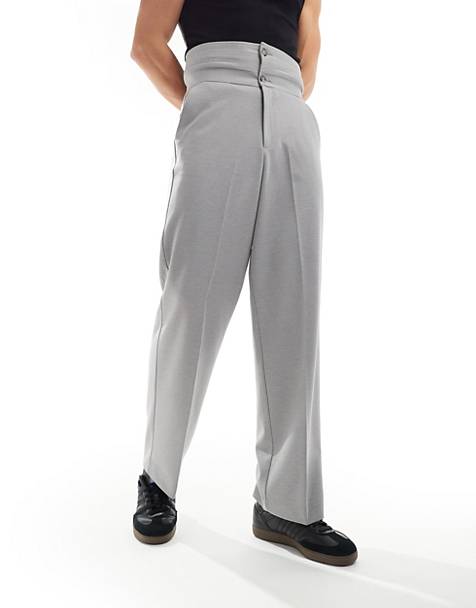ASOS DESIGN smart wide leg trousers with contrast waistband in light grey
