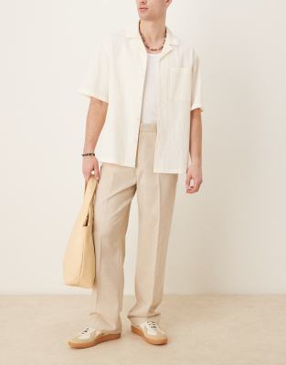 ASOS DESIGN smart wide leg trousers with crosshatch fabrication in stone - view 1