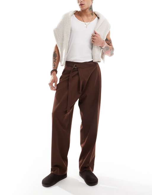 ASOS DESIGN smart wide leg pants with crossover side belt in navy