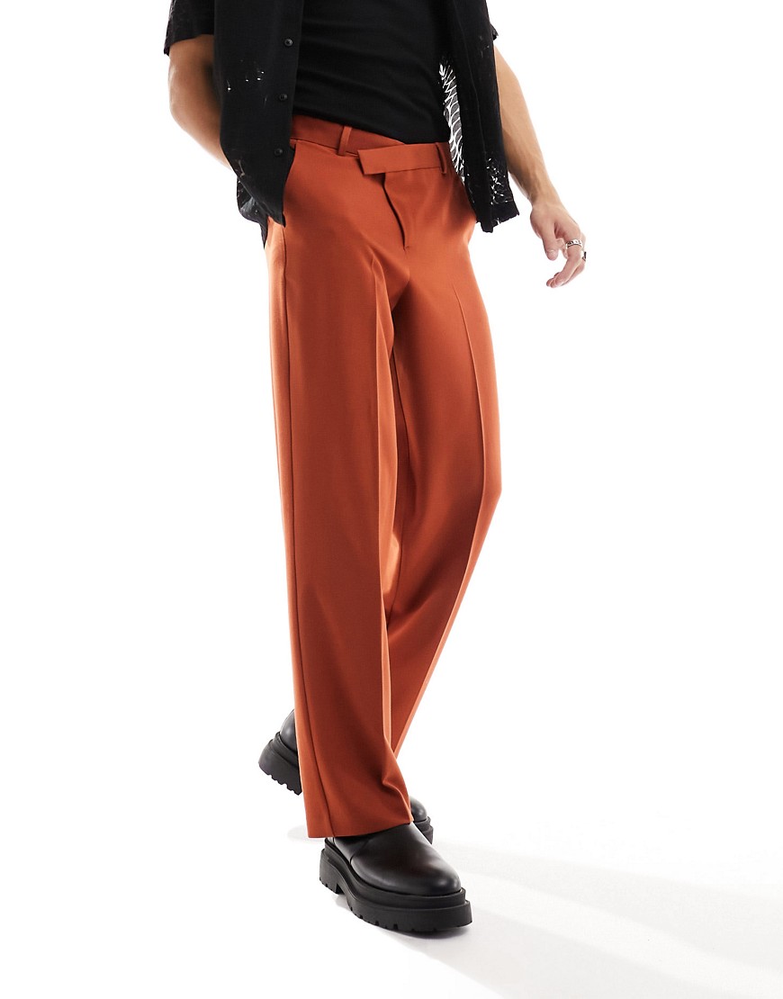 ASOS DESIGN smart wide leg trousers with crossover waistband in burnt orange-Black