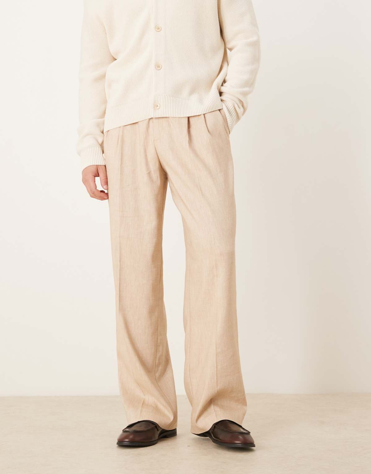 ASOS DESIGN smart wide leg trousers with double front pleats in beige microtexture