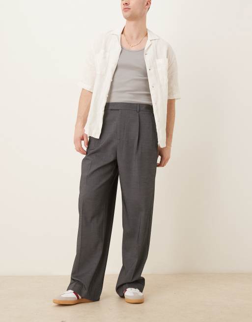 ASOS DESIGN smart wide leg trousers with double pleats in grey herringbone with elasticated waist