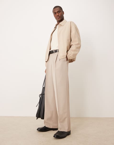 ASOS DESIGN smart wide leg trousers with double pleats in stone - view 1