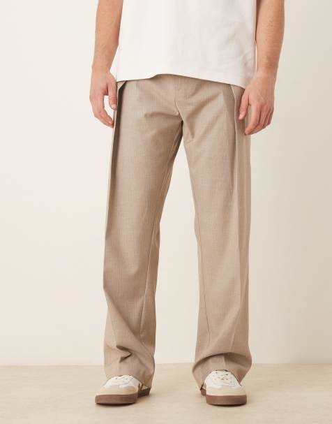 ASOS DESIGN smart wide leg trousers with front deep pleat in neutral pinstripe - view 1