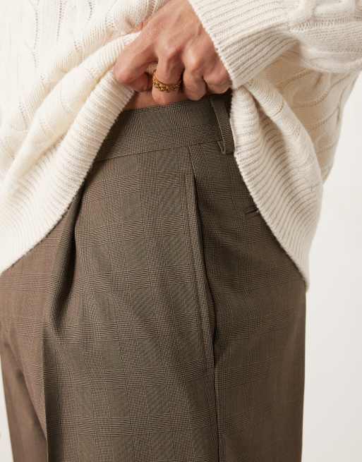 ASOS DESIGN smart wide leg trousers with front pleat in brown check, 3 of 5
