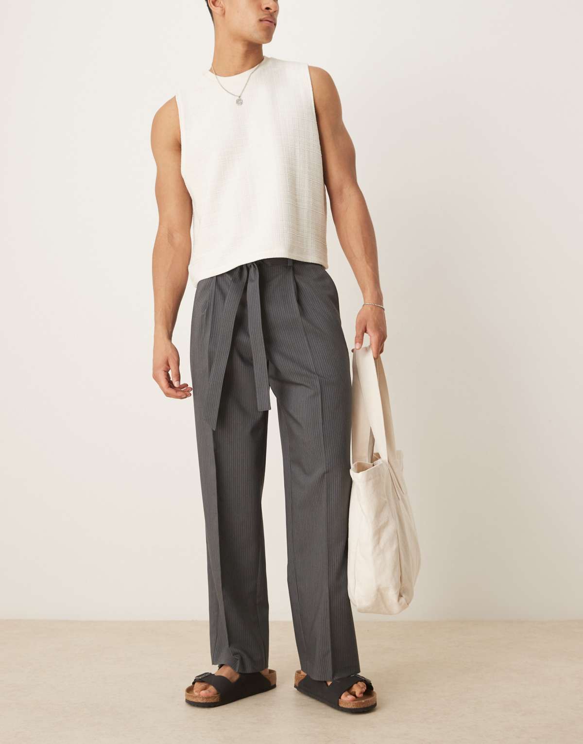 ASOS DESIGN smart wide leg trousers with front pleat in charcoal pinstripe