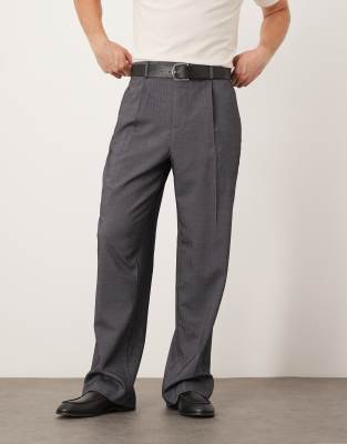 asos ASOS DESIGN smart wide leg trousers with front pleat in grey herringbone with elasticated waist