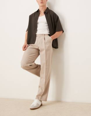 asos ASOS DESIGN smart wide leg trousers with front pleat in stone