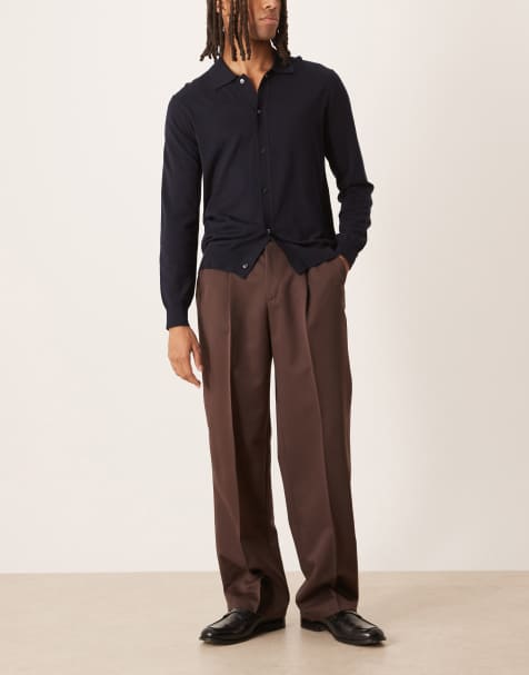 ASOS DESIGN smart wide leg trousers with front pleats in dark brown - view 1