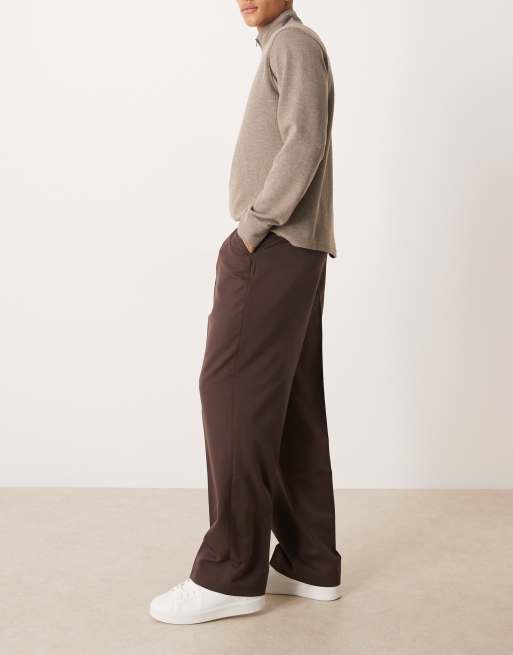 ASOS DESIGN smart wide leg trousers with front pleats in dark brown, 3 of 5