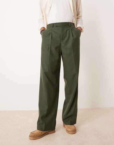 ASOS DESIGN smart wide leg trousers with front pleats in green brushed fabric - view 1