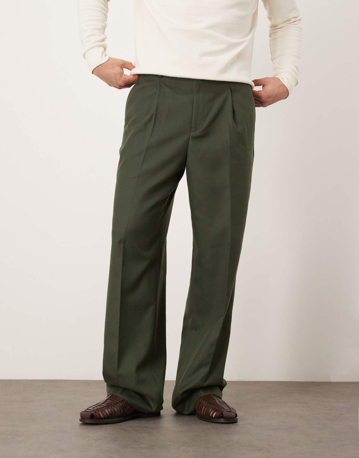 ASOS DESIGN smart wide leg trousers with front pleats in green brushed fabric