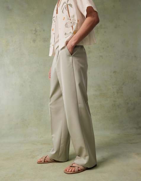 ASOS DESIGN smart wide leg trousers with front pleats in muted green - view 1