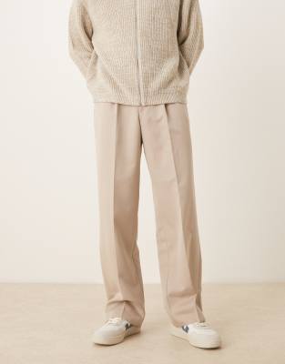 ASOS DESIGN smart wide leg trousers with front pleats in stone-Neutral