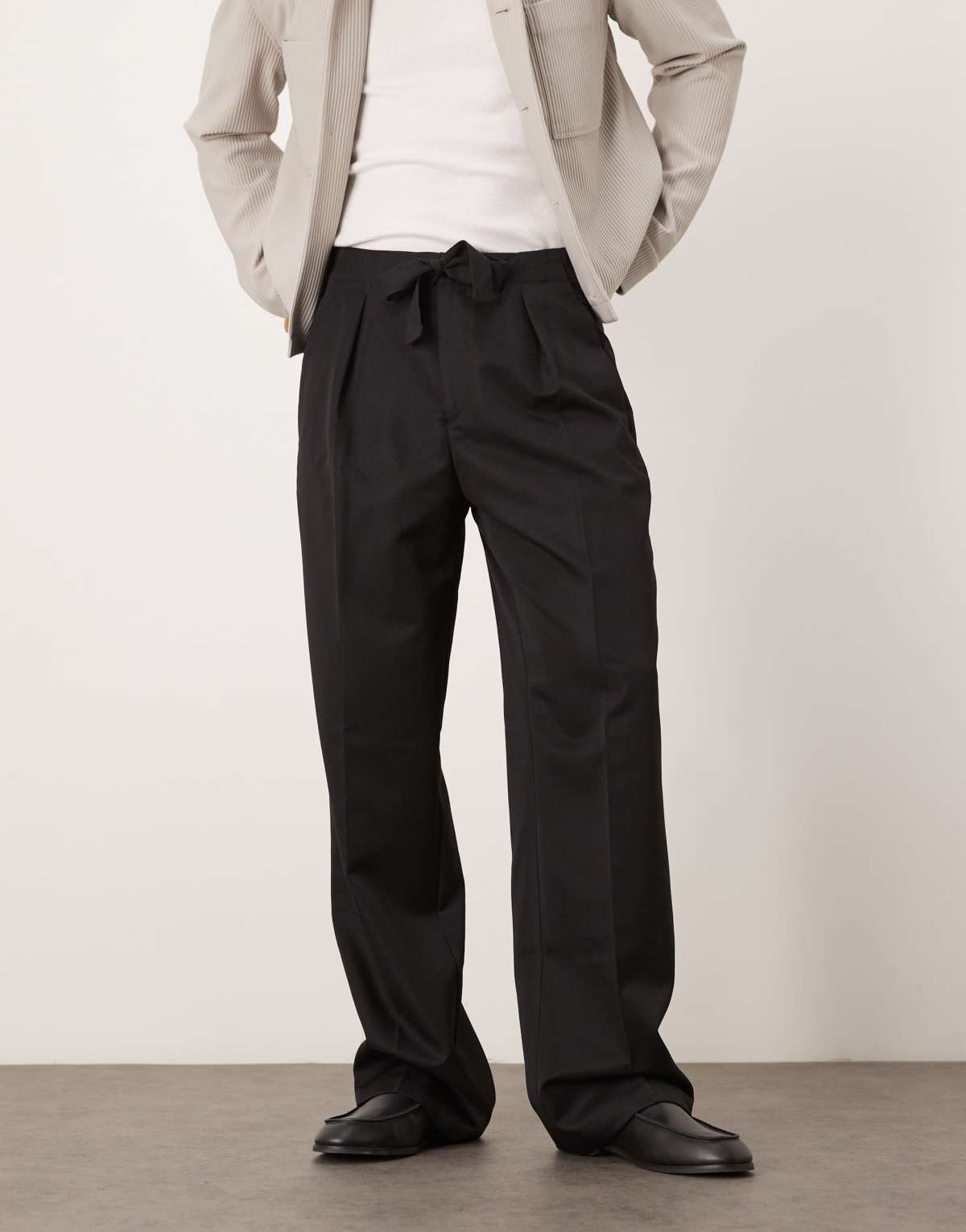 ASOS DESIGN smart wide leg trousers with tie belt and front pleat in black