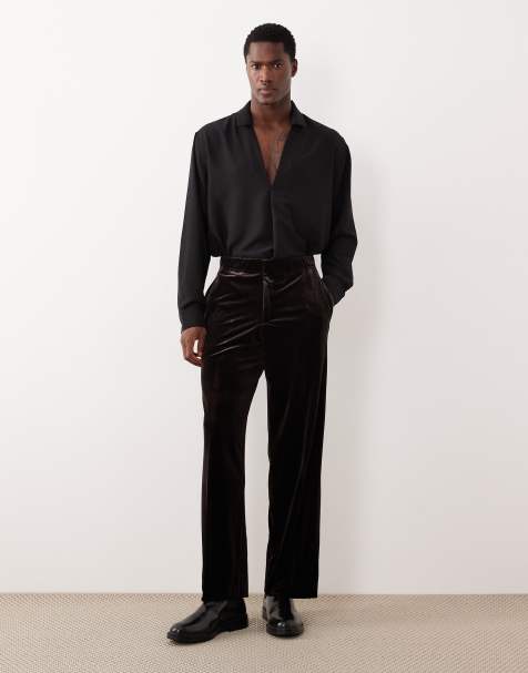 ASOS DESIGN smart wide leg velvet pants in dark brown with elastic waist - view 1