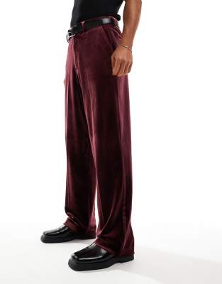 smart wide leg velvet pants in deep burgundy-Red