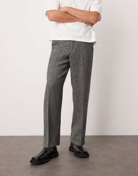 ASOS DESIGN smart wide leg wool blend herringbone trousers in black - view 1