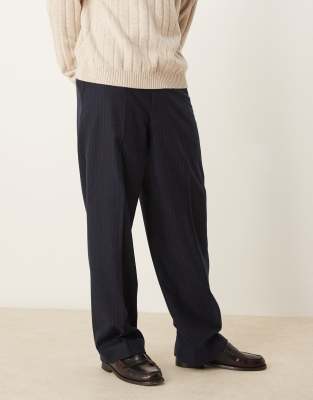 Asos Design Smart Wide Leg Wool Blend Pants In Navy Pinstripes