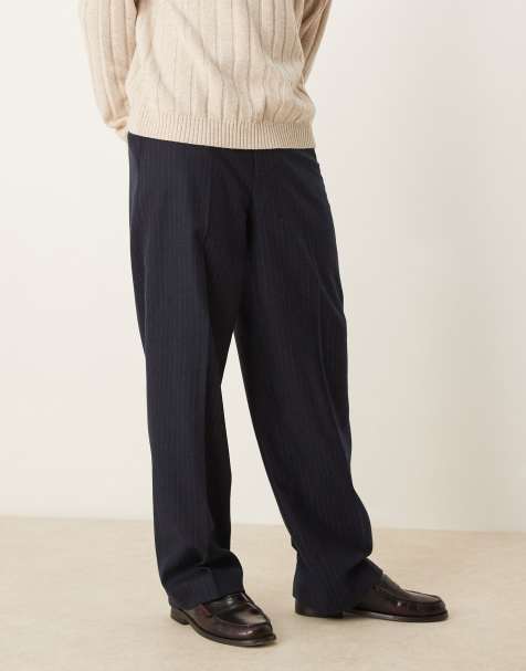 ASOS DESIGN smart wide leg wool blend trousers in navy pinstripe - view 1