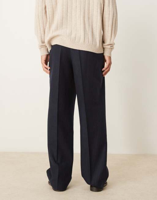 ASOS DESIGN smart wide leg wool blend trousers in navy pinstripe, 4 of 5