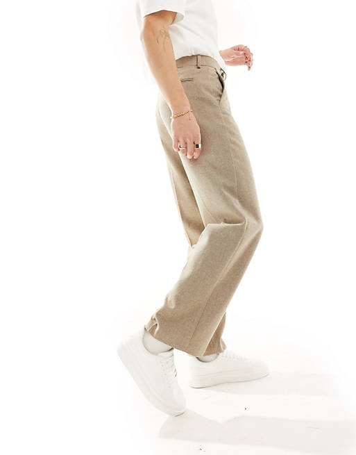 ASOS DESIGN smart wide leg wool mix pants in brown herringbone
