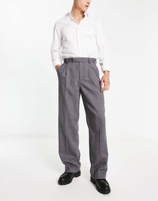 ASOS DESIGN smart wide leg wool mix pants in charcoal wide herringbone