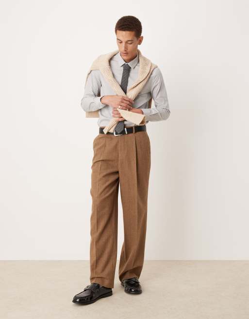 ASOS DESIGN smart wide leg wool mix pinstripe pants in brown