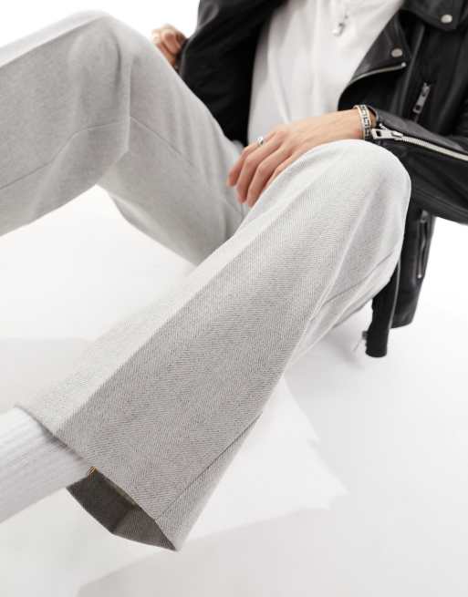 ASOS DESIGN smart wide leg wool mix trousers in light grey herringbone, 2 of 5