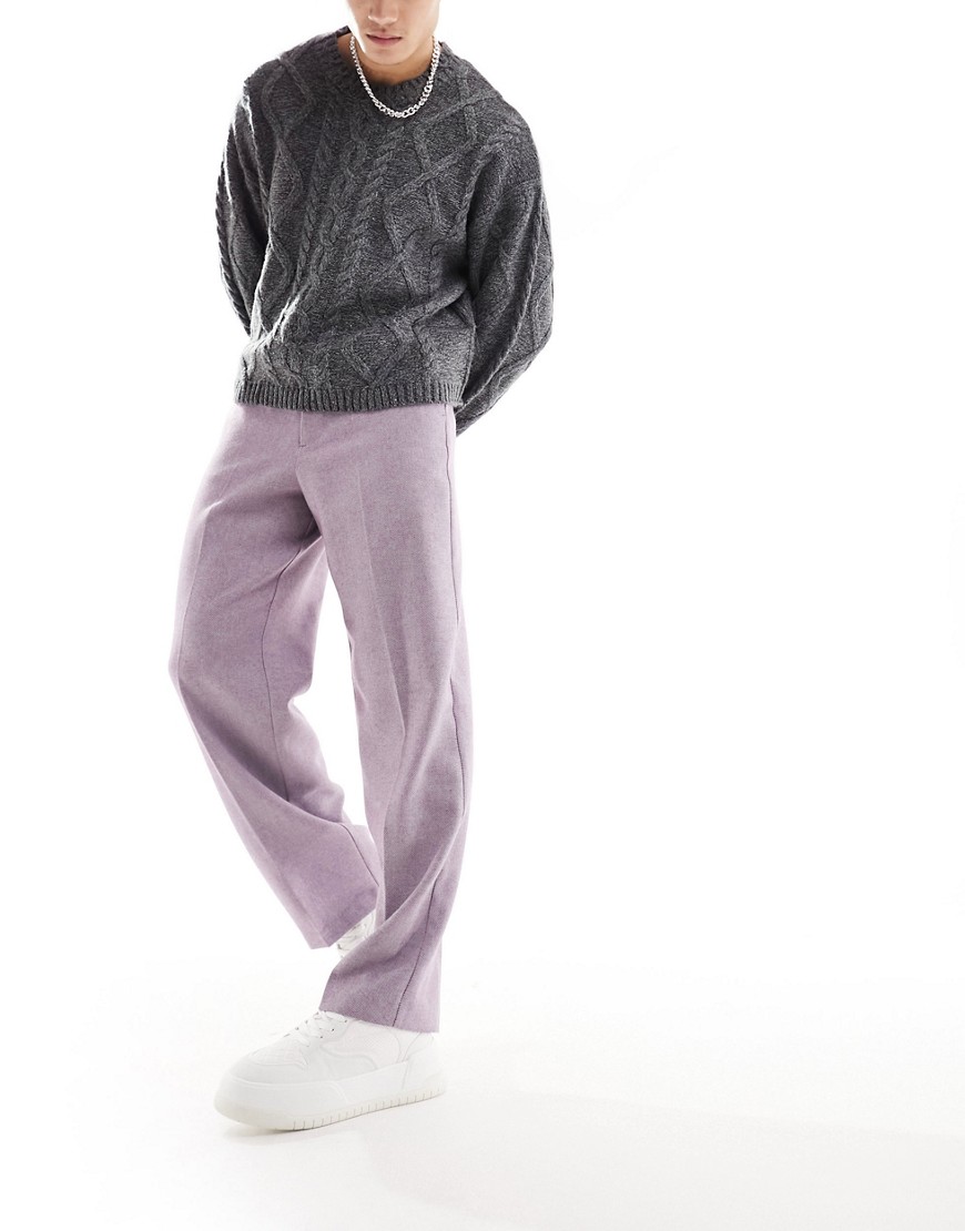 ASOS DESIGN smart wide leg wool mix trousers in purple herringbone