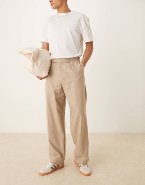 ASOS DESIGN smart wide leg wool mix trousers with front pleat in stone - view 1