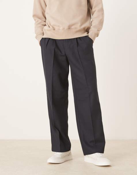ASOS DESIGN smart wide leg wool mix trousers with inverted pleat in navy herringbone