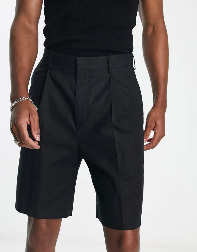 ASOS DESIGN smart wide linen mix shorts in black