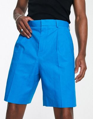 Asos Design Smart Wide Linen Mix Shorts In Blue