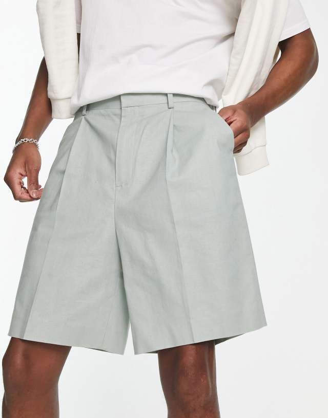 ASOS DESIGN smart wide linen mix shorts in sage green