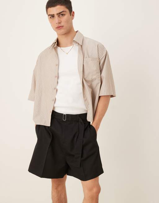 ASOS DESIGN smart wide longline shorts with front pleat and belt detail in black