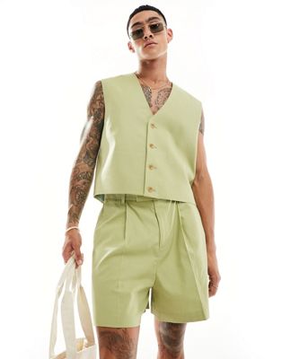 Asos Design Smart Wide Shorts In Sage - Part Of A Set-green