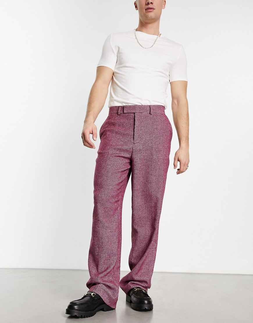 Asos Design Smart Wide Wool Mix Pants In Burgundy Puppytooth-red