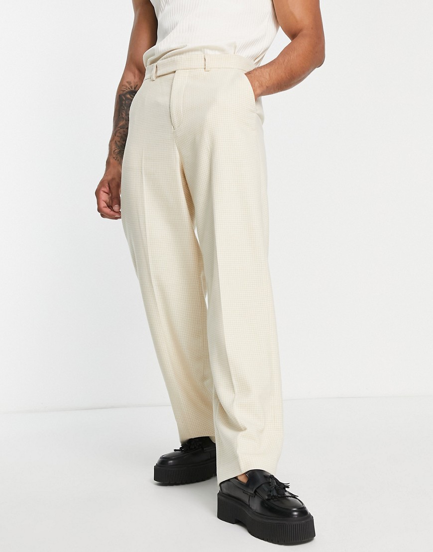 ASOS DESIGN smart wide wool mix trousers in ecru dogtooth-Neutral