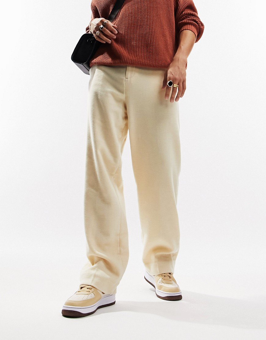 ASOS DESIGN smart wide wool mix trousers in stone puppytooth-Neutral