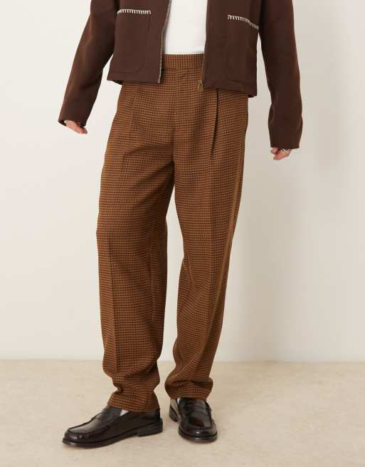 ASOS DESIGN smart wool mix oversized tapered pants in brown herringbone with half elasticated waist