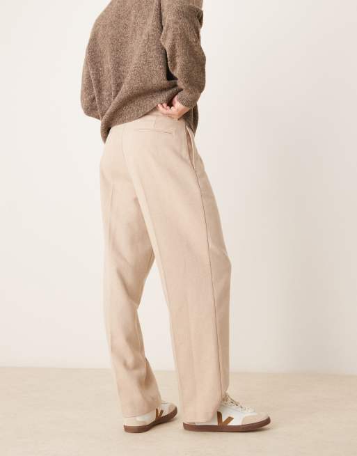 ASOS DESIGN wool mix wide leg dress pants with front pleats in stone herringbone