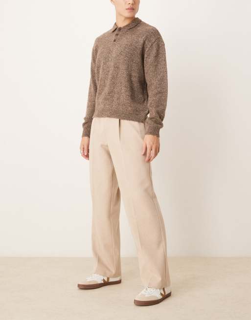 ASOS DESIGN wool mix wide leg dress pants with front pleats in stone herringbone